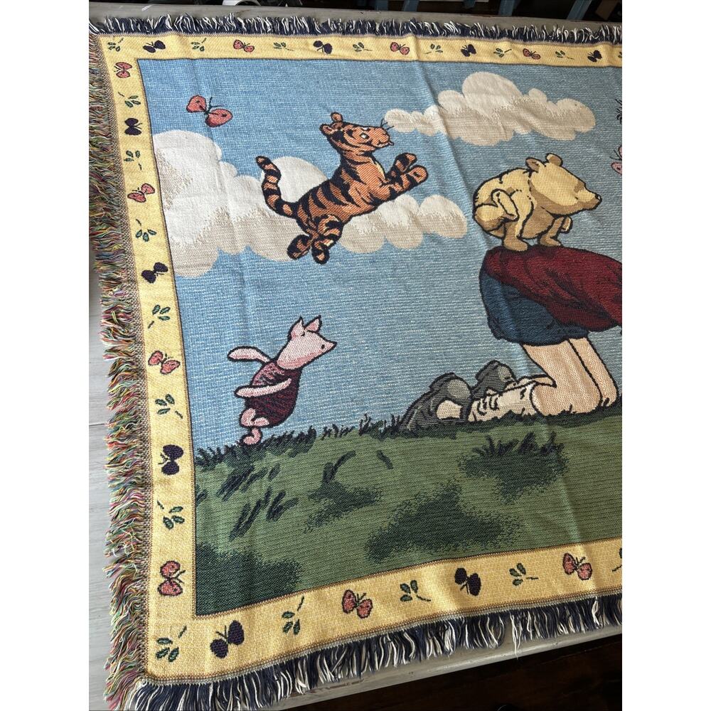Vtg Disney Classic Pooh Woven Tapestry Throw Blanket Christopher Robin 49”x46” - Picture 2 of 9